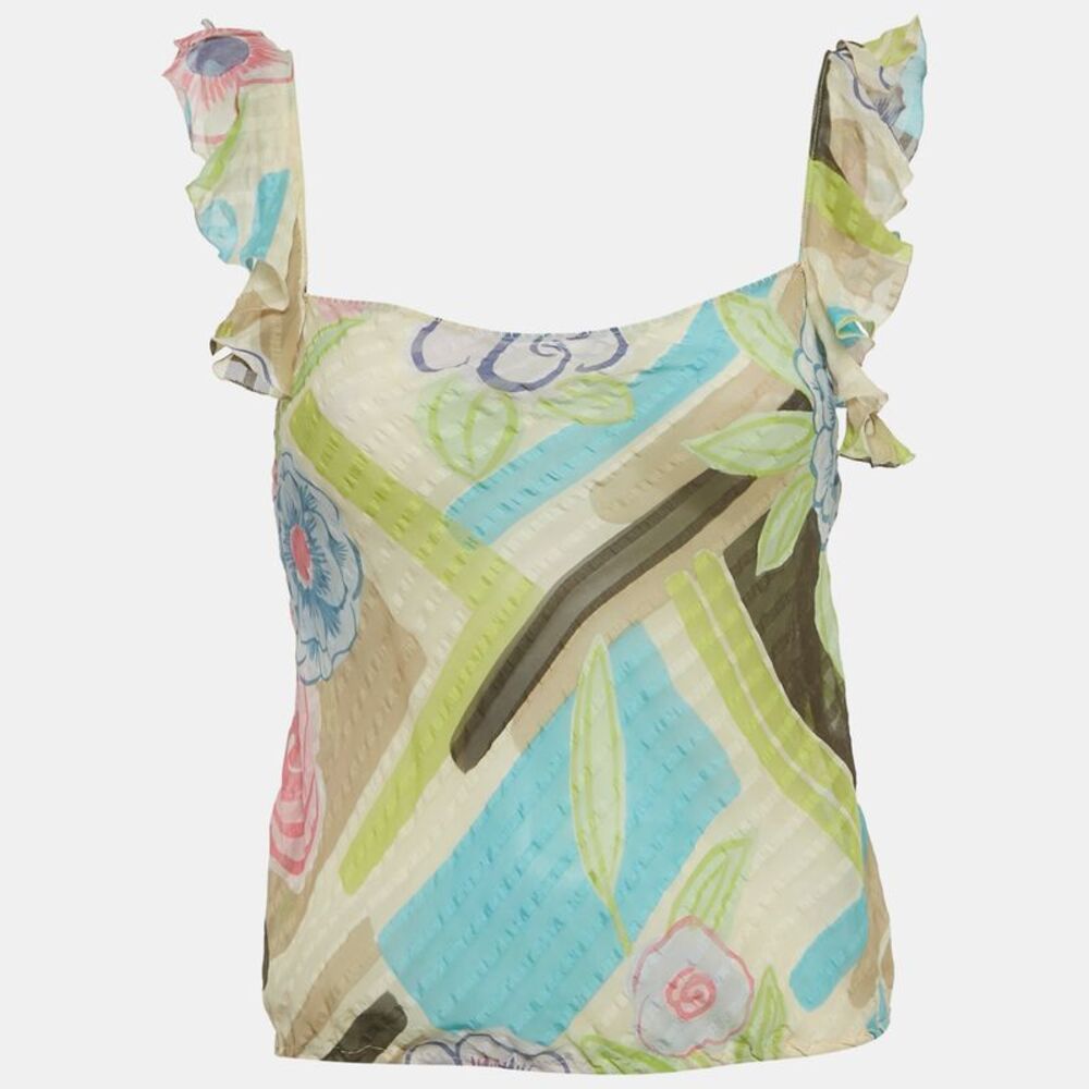 Moschino Multicolor Printed Silk Ruffe Sleeve Sheer Top M